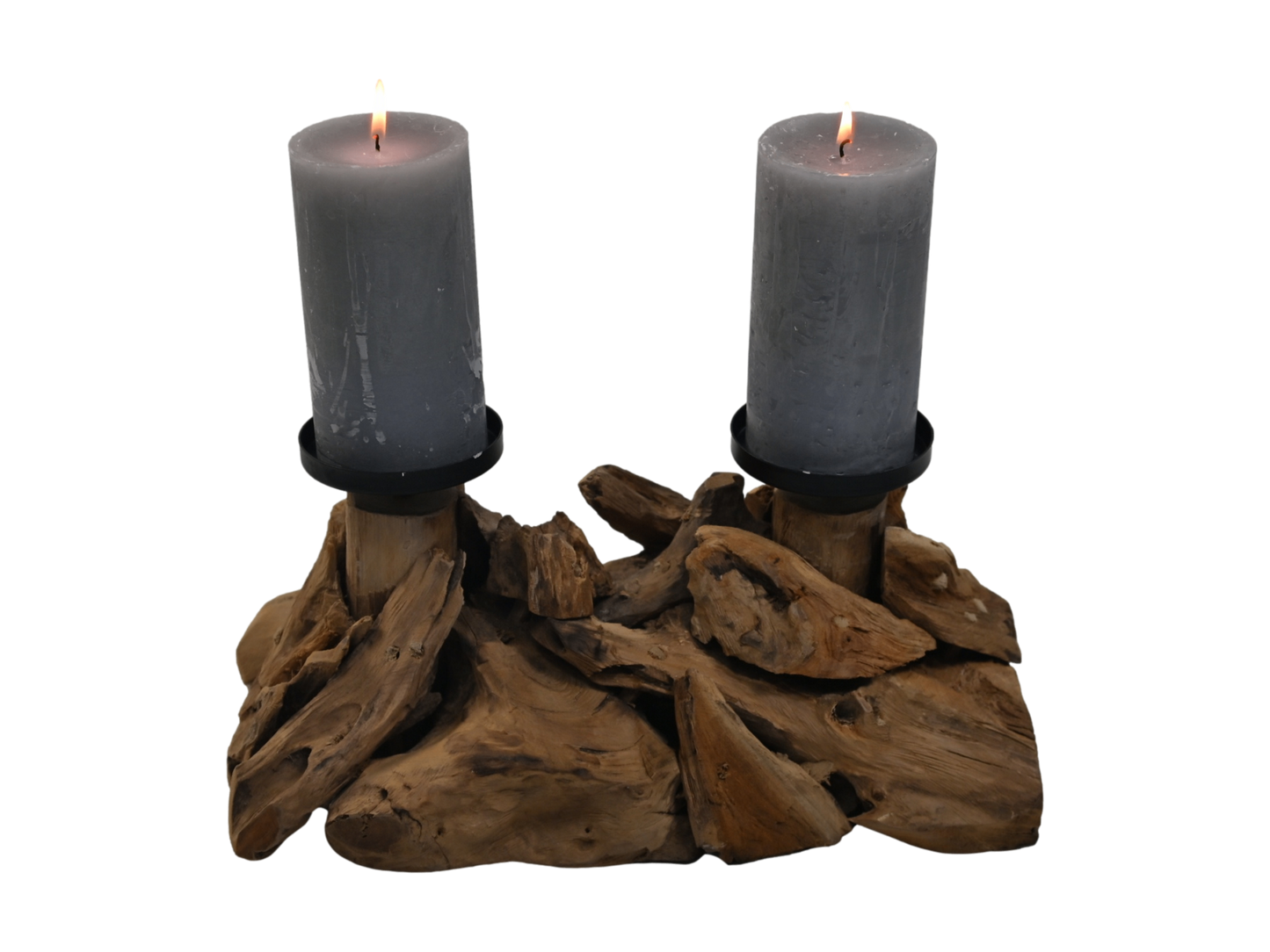 HSM Collection-Kaarsenhouder 2 Kaarsen-32x18x14-Naturel/Zwart-Teak/Metaal