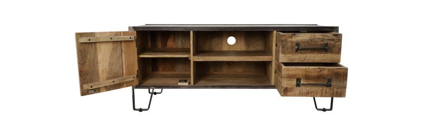 HSM Collection-Tv Meubel Hayward 1 Deur 2 La-130x40x55-Naturel/Zwart-Mango/Metaal