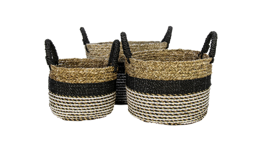 HSM Collection-Mandenset Malibu S/3-ø40x30-Zwart/Naturel-Raffia/Zeegras