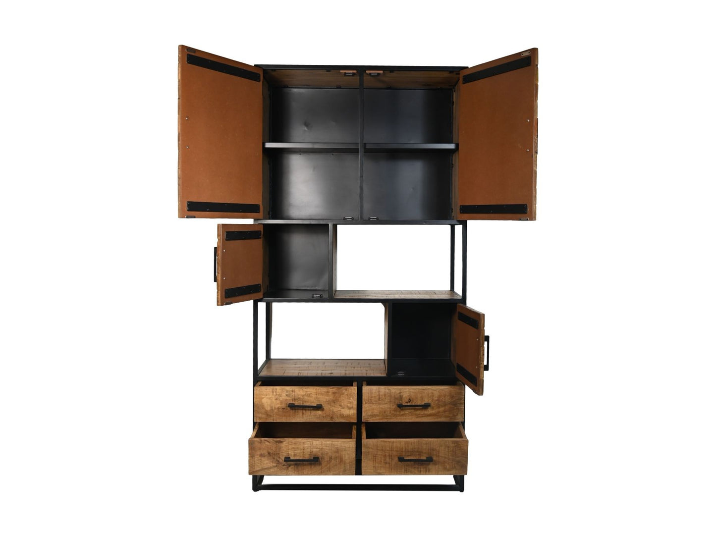 HSM Collection-Wandkast Verona 4 Deur 4 La-100x40x200-Naturel/Zwart-Mango/Metaal