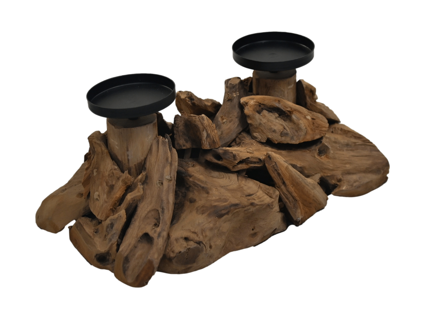 HSM Collection-Kaarsenhouder 2 Kaarsen-32x18x14-Naturel/Zwart-Teak/Metaal