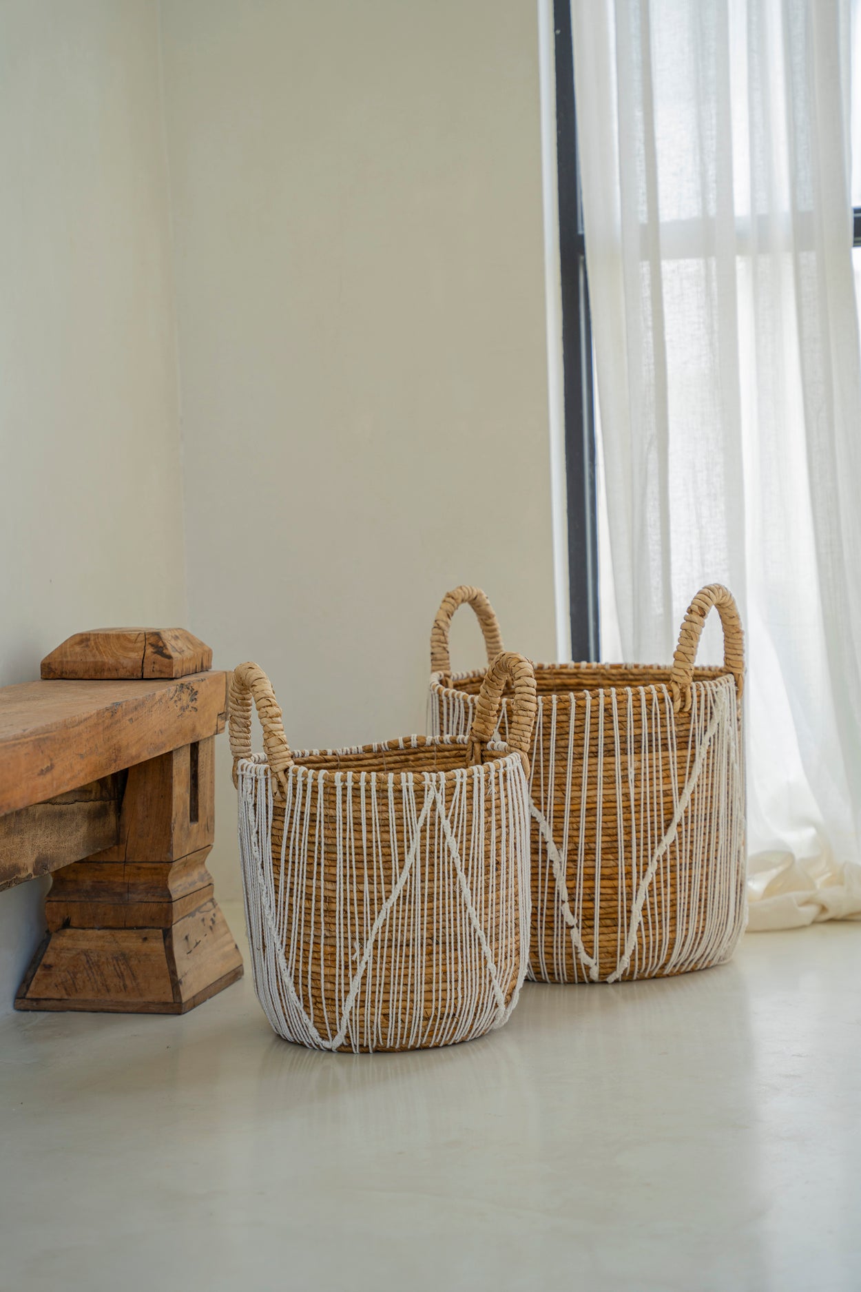 Bazar Bizar De Straight Stitched Macrame Mand - Naturel Wit - S
