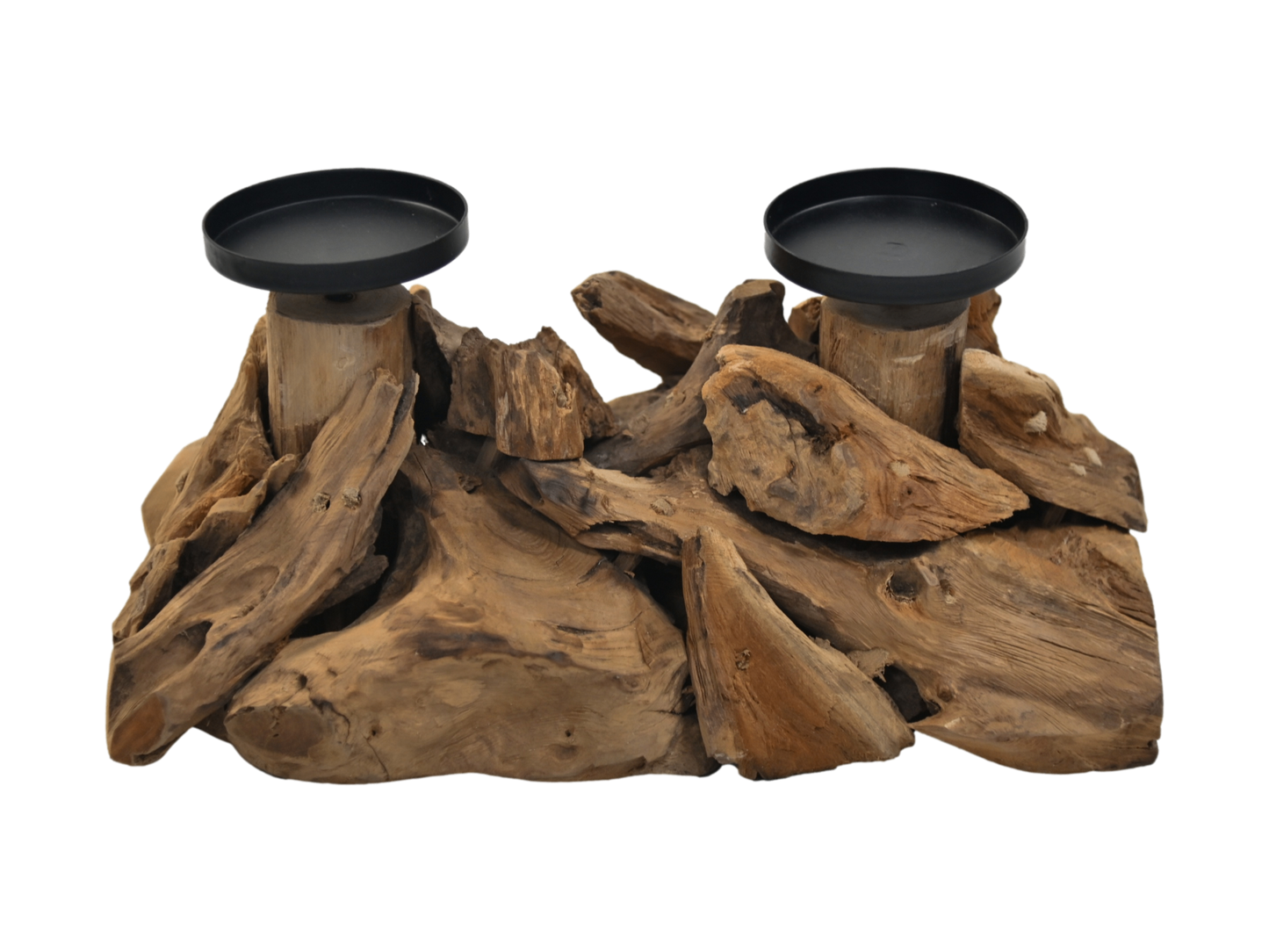 HSM Collection-Kaarsenhouder 2 Kaarsen-32x18x14-Naturel/Zwart-Teak/Metaal