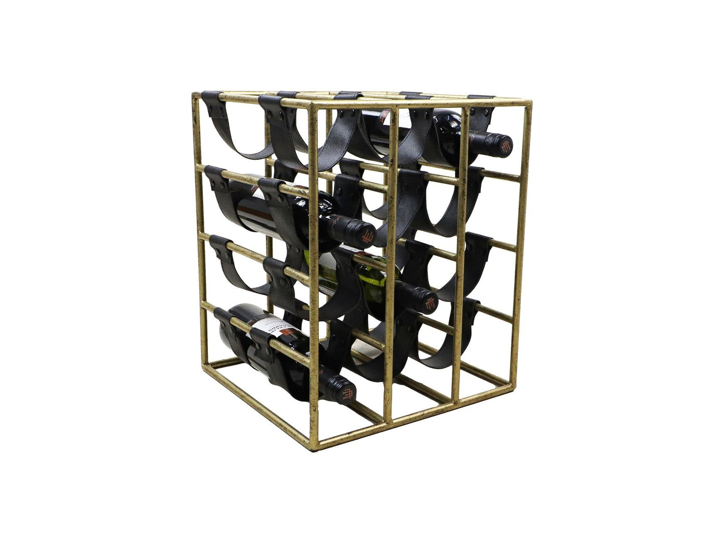 HSM Collection-Staand Wijnrek 12 Flessen-33x32x40-Goud/Zwart-Metaal/Kunstleder