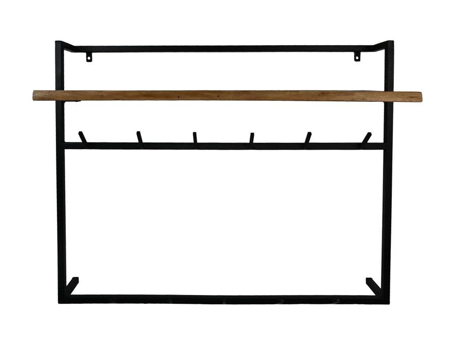 HSM Collection-Wandkapstok Met Plank 11 Haken-100x30x80-Naturel/Zwart-Acacia/Metaal
