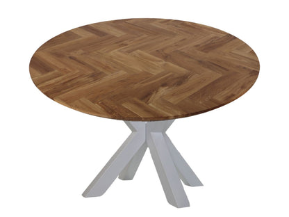 HSM Collection-Ronde Eettafel Fishbone-130x130x76-Naturel/Wit-Eiken/Metaal