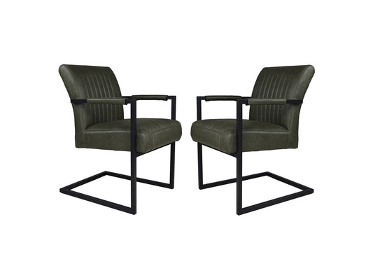 HSM Collection-Eetkamerstoel Texas Met Arm S/2-55x50x85-Groen/Zwart-Leder/Metaal