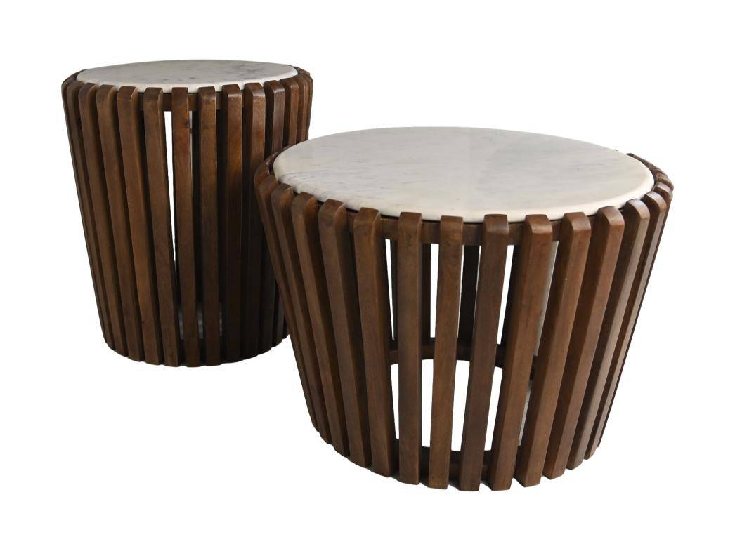 HSM Collection-Ronde Bijzettafel-ø60x60-Bruin/Wit-Mango/Marmer