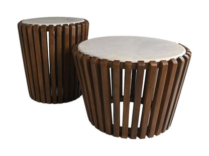HSM Collection-Ronde Bijzettafel-ø60x60-Bruin/Wit-Mango/Marmer