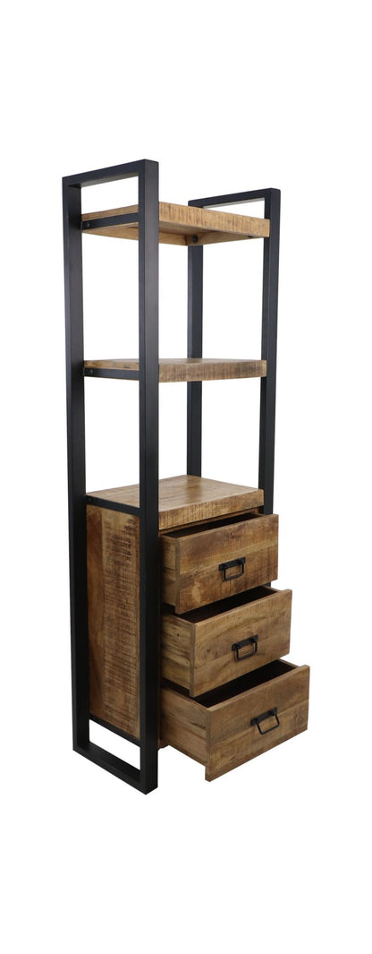 HSM Collection-Boekenkast 3 Lade-55x35x175-Naturel/Zwart-Mango/Metaal
