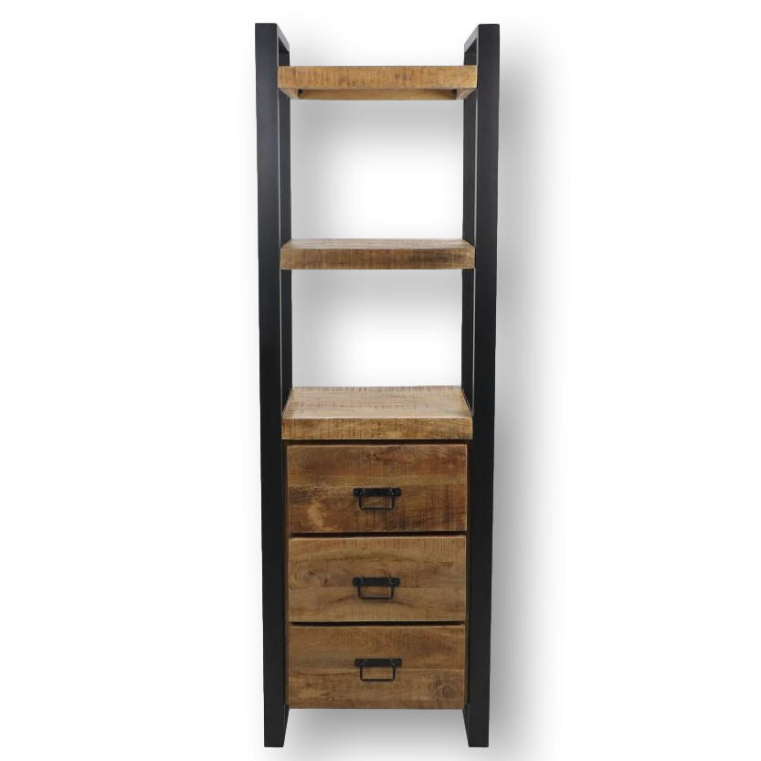 HSM Collection-Boekenkast 3 Lade-55x35x175-Naturel/Zwart-Mango/Metaal