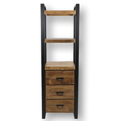 HSM Collection-Boekenkast 3 Lade-55x35x175-Naturel/Zwart-Mango/Metaal