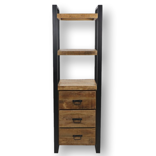 HSM Collection-Boekenkast 3 Lade-55x35x175-Naturel/Zwart-Mango/Metaal