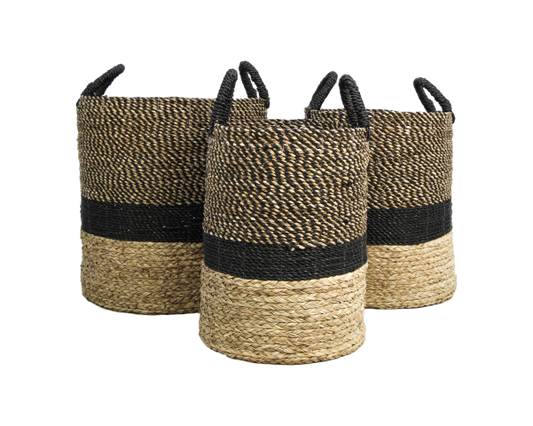 HSM Collection-Mandenset Malibu S/3-ø42x45 / ø38x42 / ø34x39-Naturel/Zwart-Waterhyacint