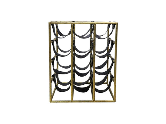 HSM Collection-Staand Wijnrek 12 Flessen-33x32x40-Goud/Zwart-Metaal/Kunstleder