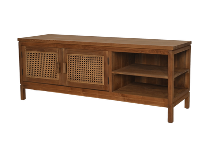 HSM Collection-Tv Meubel 2 Deur 2 Vak-135x52x42-Naturel-Rotan/Teak
