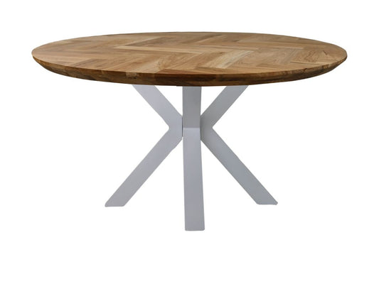 HSM Collection-Ronde Eettafel Fishbone-140x140x76-Naturel/Wit-Eiken/Metaal