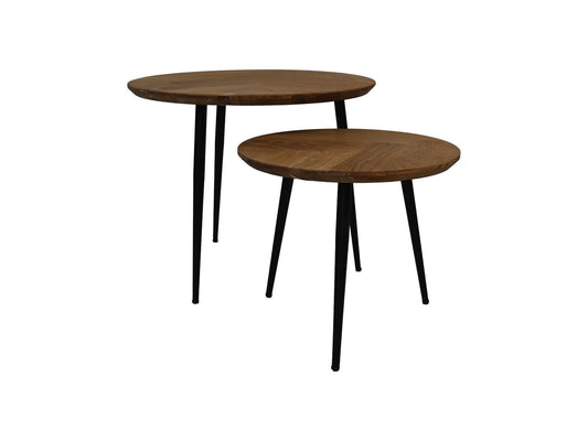 HSM Collection-Ronde Bijzettafel Fishbone S/2-ø60x49/ø45x39-Naturel-Zwart/Zwart-Eiken/Metaal