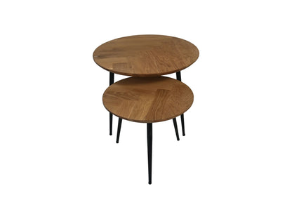HSM Collection-Ronde Bijzettafel Fishbone S/2-ø60x49/ø45x39-Naturel-Zwart/Zwart-Eiken/Metaal
