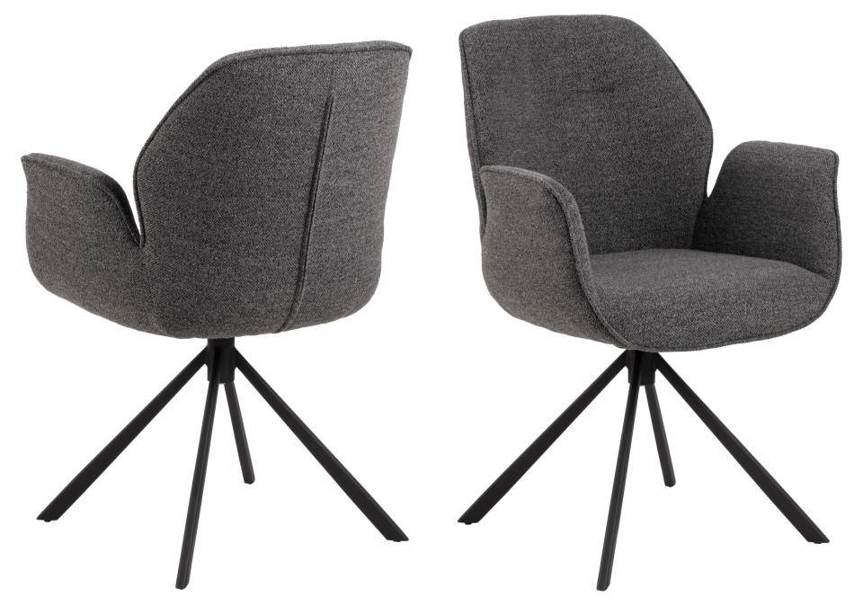 HSM Collection-Eetkamerstoel Nora + Armleuning-90x62x61-Donker Grijs/Zwart-Stof/Metaal