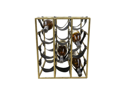 HSM Collection-Staand Wijnrek 12 Flessen-33x32x40-Goud/Zwart-Metaal/Kunstleder