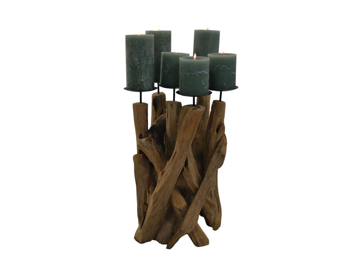 HSM Collection-Kaarsenhouder 6 Kaarsen-27x27x39-Naturel/Zwart-Teak/Metaal