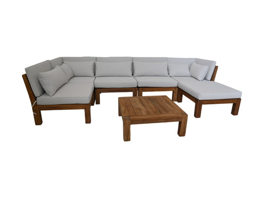 HSM Collection-Tuin Lounge Set Aruba 7 Delig-168x336x64-Naturel/Wit-Teak/Stof