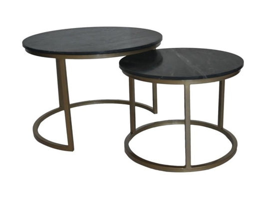 HSM Collection-Ronde Bijzettafel Ronin S/2-ø70x47/ø55x41-Zwart/Goud-Marmer/Metaal
