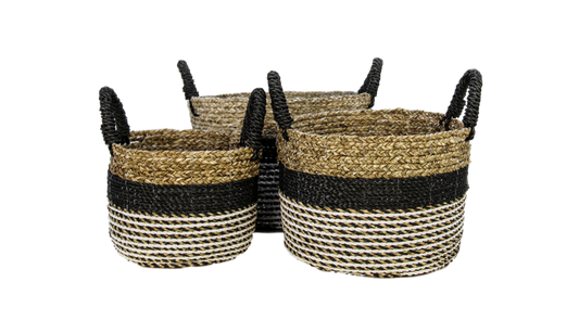HSM Collection-Mandenset Malibu S/3-ø40x30-Zwart/Naturel-Raffia/Zeegras