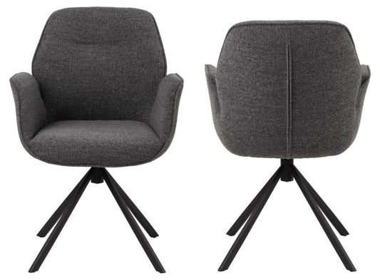 HSM Collection-Eetkamerstoel Nora + Armleuning-90x62x61-Donker Grijs/Zwart-Stof/Metaal