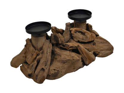HSM Collection-Kaarsenhouder 2 Kaarsen-32x18x14-Naturel/Zwart-Teak/Metaal