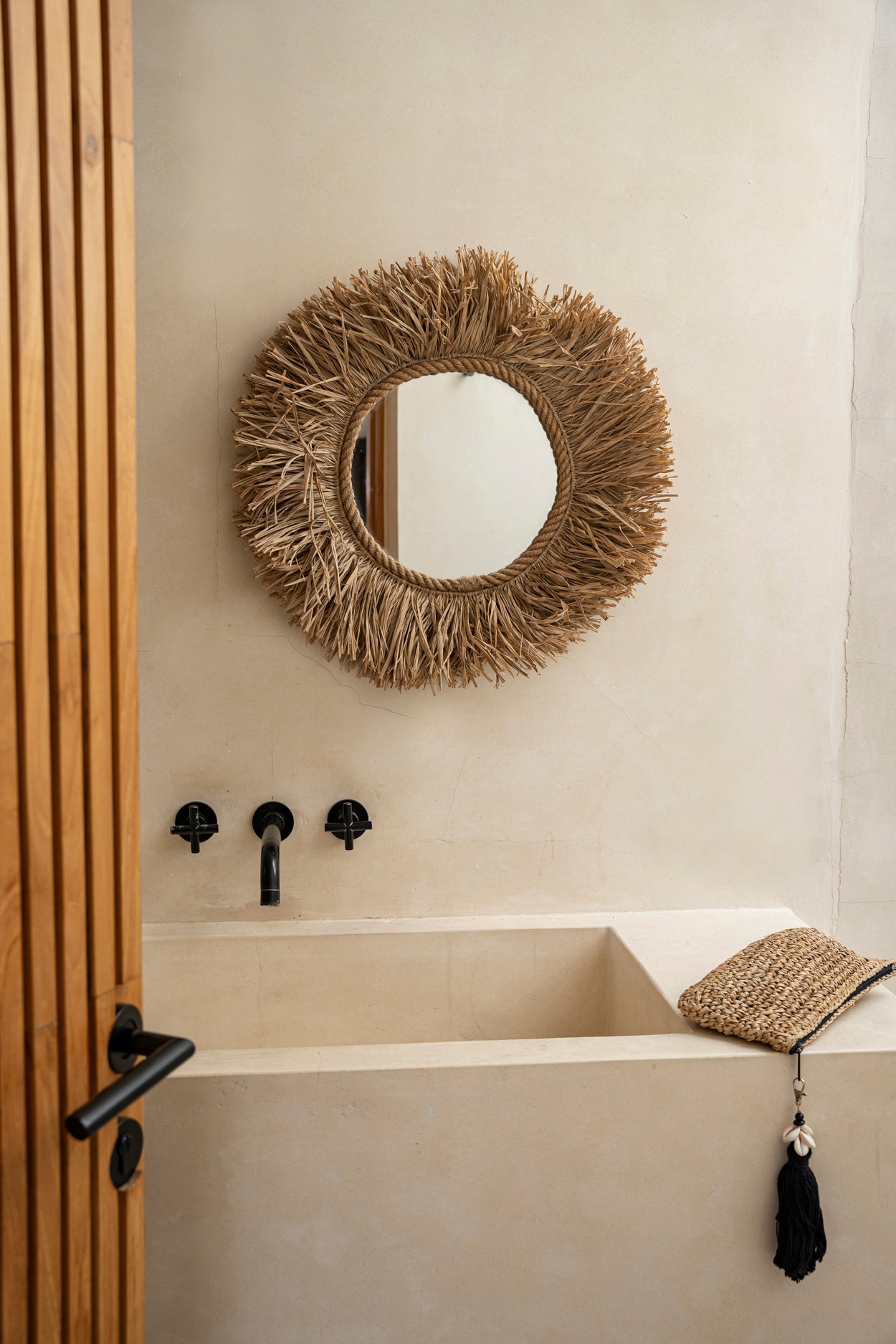 De Raffia Clutch met ritssluiting - Naturel Zwart - L