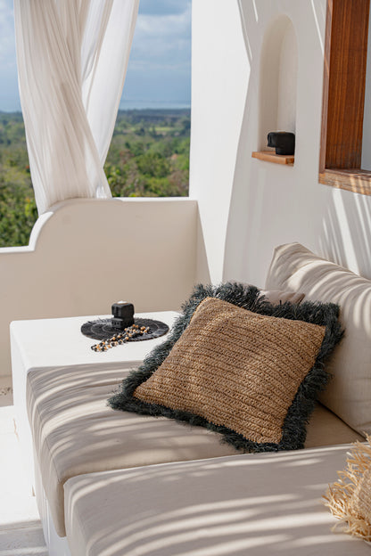 Bazar Bizar  Raffia Kussenhoes - Naturel Zwart - 60x60