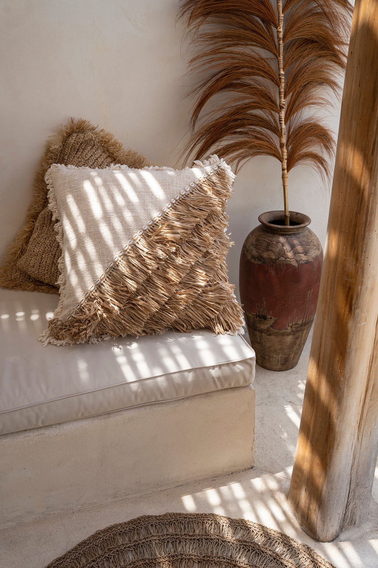 Bazar Bizar  Raffia Katoenen Kussenovertrek - Naturel Wit - 60x60