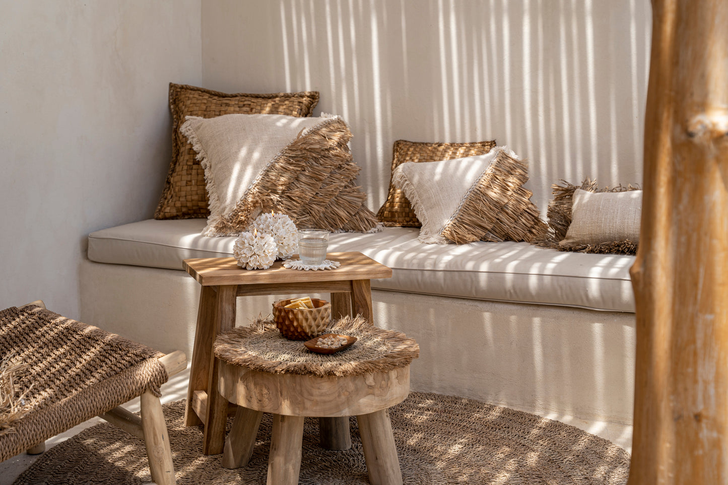 Bazar Bizar  Raffia Katoenen Kussenovertrek - Naturel Wit - 40x40