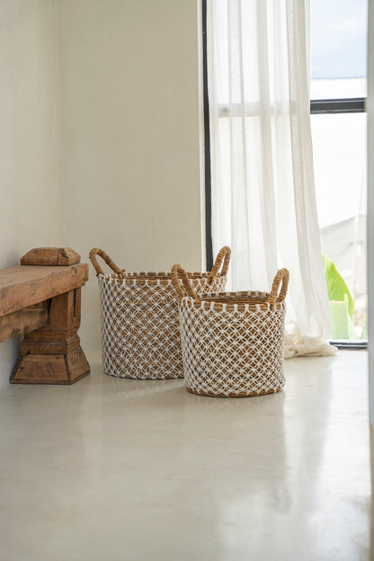 Bazar Bizar De Cross Stitched Macramé Mand - Naturel Wit - M