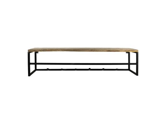 HSM Collection-Wandkapstok 6 Haken Met Plank-100x22x22-Naturel/Zwart-Mango/Metaal