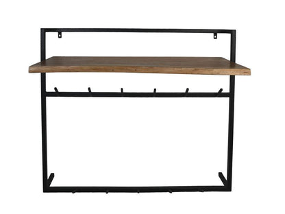 HSM Collection-Wandkapstok Met Plank 11 Haken-100x30x80-Naturel/Zwart-Acacia/Metaal