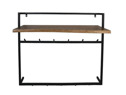 HSM Collection-Wandkapstok Met Plank 11 Haken-100x30x80-Naturel/Zwart-Acacia/Metaal