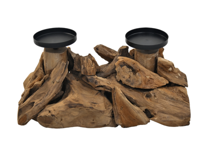 HSM Collection-Kaarsenhouder 2 Kaarsen-32x18x14-Naturel/Zwart-Teak/Metaal