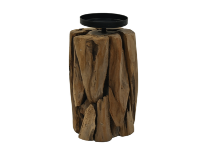 HSM Collection-Kaarsenhouder 1 Kaars-13x13x21-Naturel/Zwart-Teak/Metaal