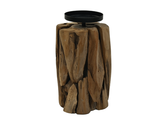 HSM Collection-Kaarsenhouder 1 Kaars-13x13x21-Naturel/Zwart-Teak/Metaal