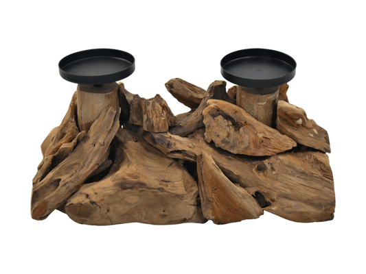 HSM Collection-Kaarsenhouder 2 Kaarsen-32x18x14-Naturel/Zwart-Teak/Metaal