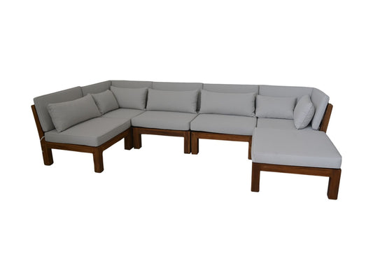 HSM Collection-Tuin Lounge Set Aruba 6 Delig-168x336x64-Naturel/Wit-Teak/Stof