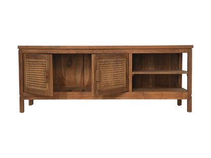 HSM Collection-Tv Meubel 2 Deur 2 Vak-135x52x42-Naturel-Rotan/Teak